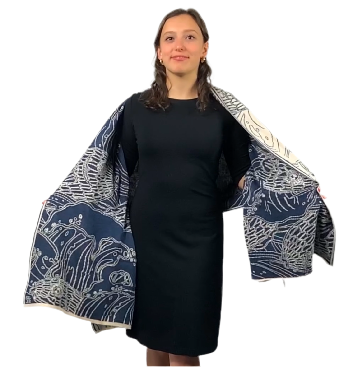 Ocean Reversible Shawl Scarf Wrap Denim and Cream