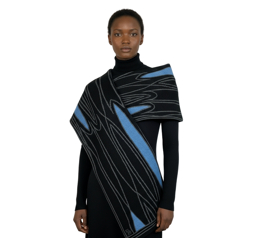 Mid Century Black Charcoal Light Blue Shawl Scarve Wrap