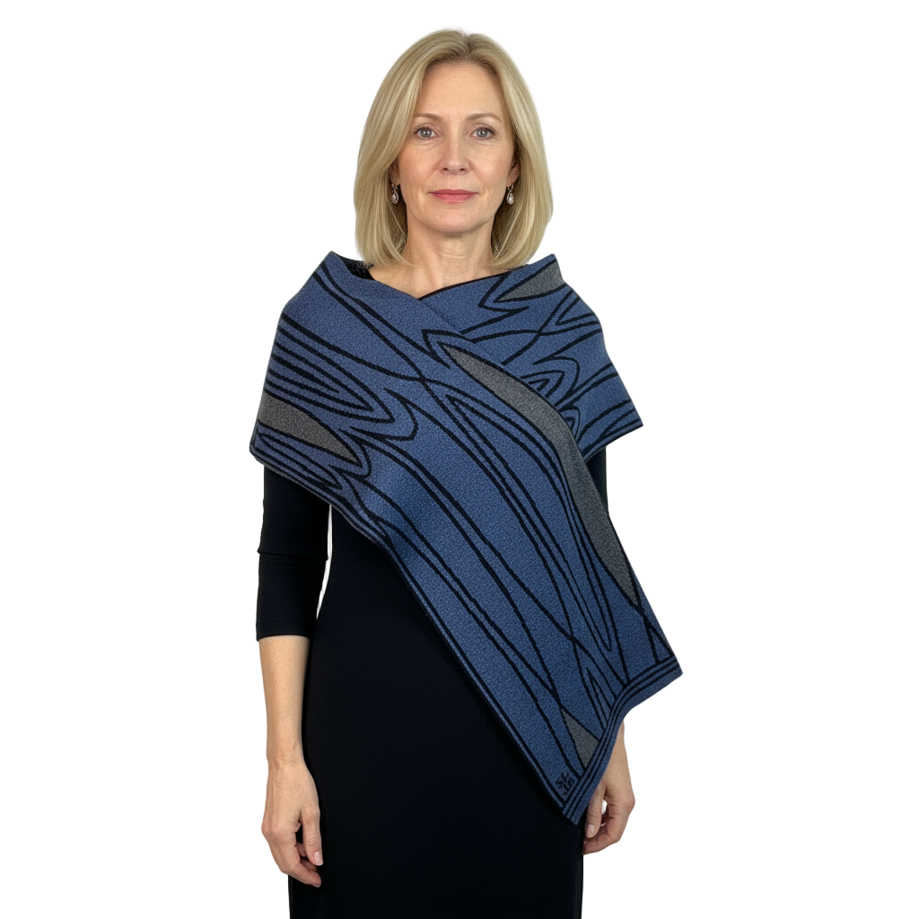 Mid Century Denim Blue Black Charcoal Shawl Scarve Wrap