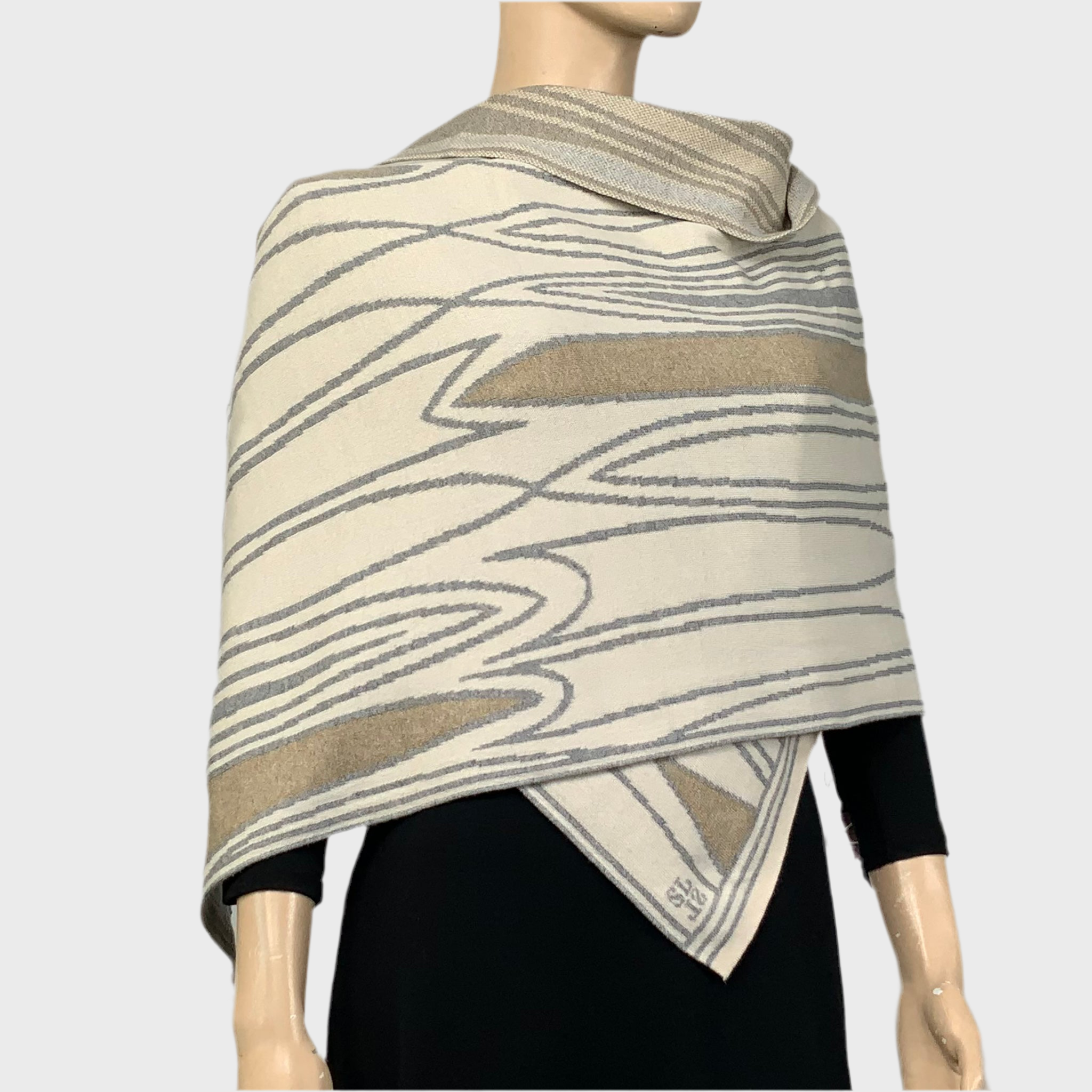 Mid Century Cream Light Grey Beige Shawl Scarve Wrap