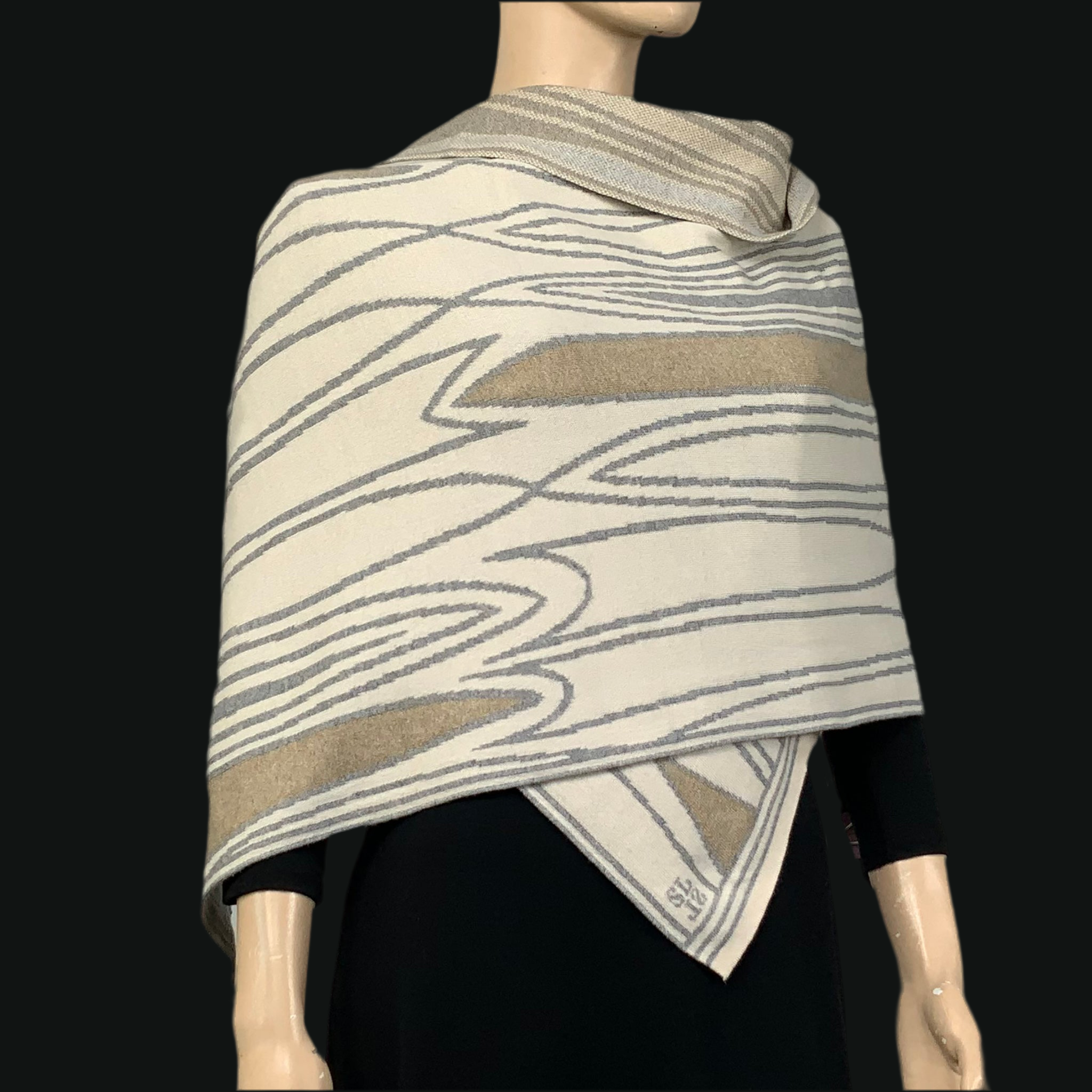 Mid Century Cream Light Grey Beige Shawl Scarve Wrap