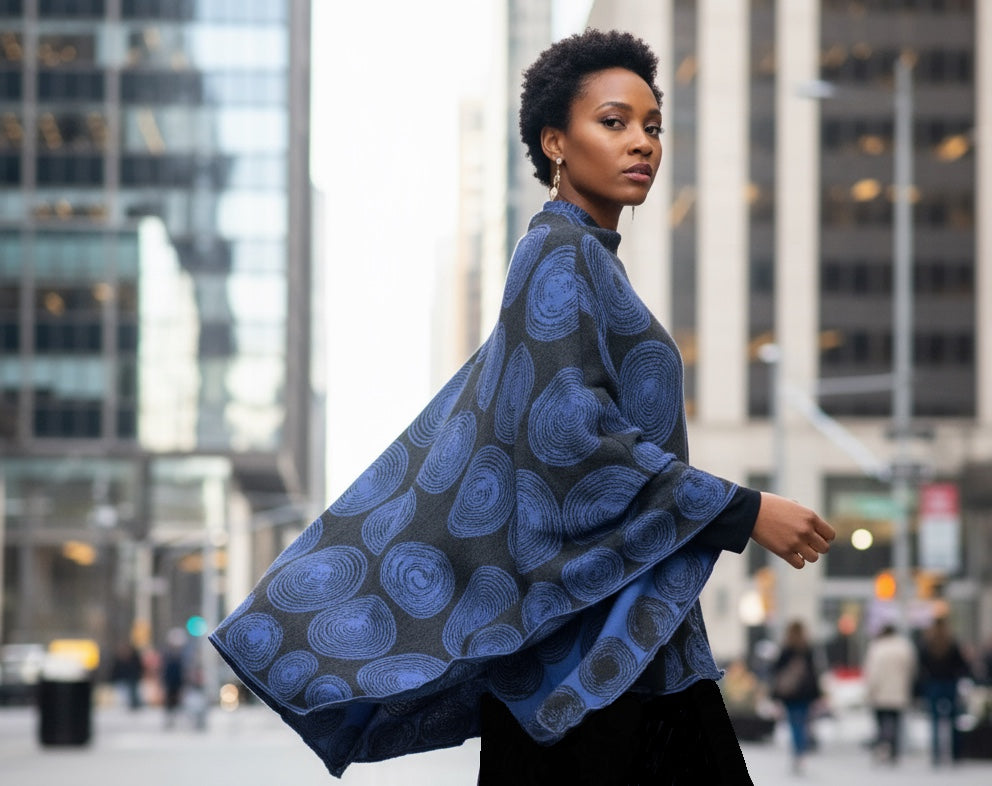 Spirals Reversible Cape Charcoal and Periwinkle Blue