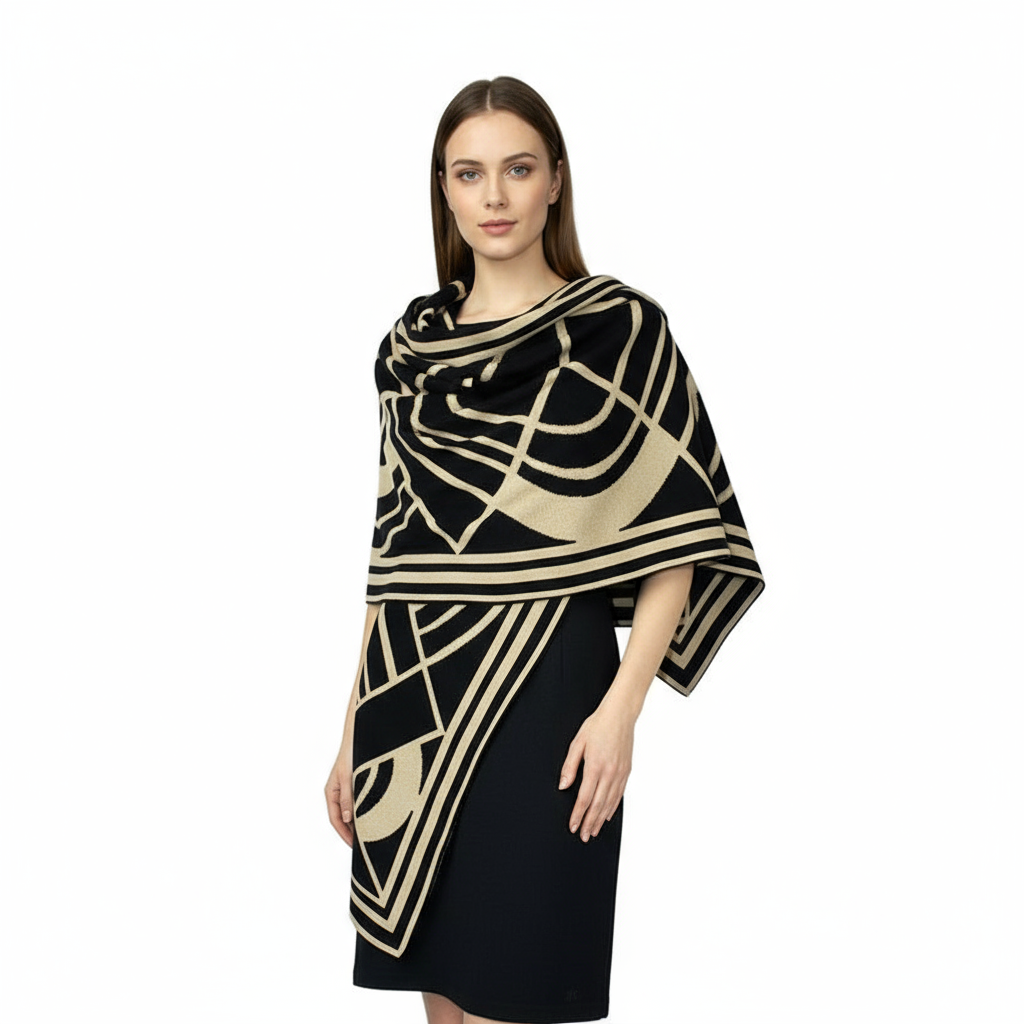Deco Sand and Black Shawl  Wrap Shawl Wrap