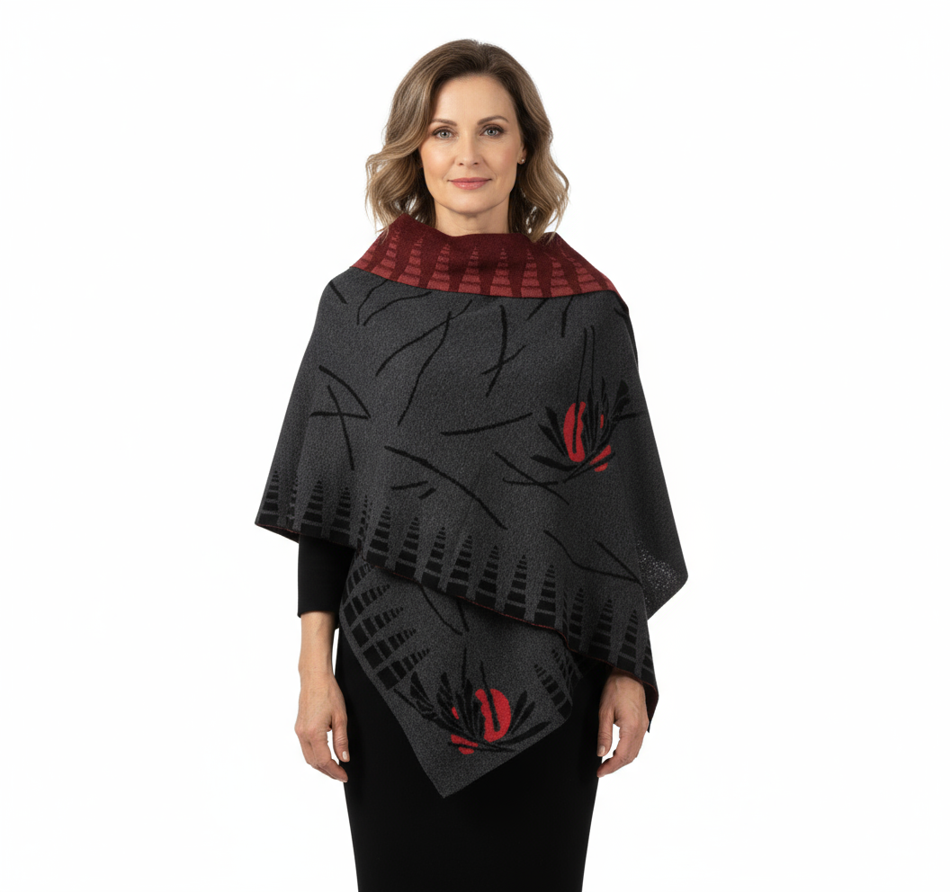 Blossom Grey Black Red Shawl Scarf Wrap '