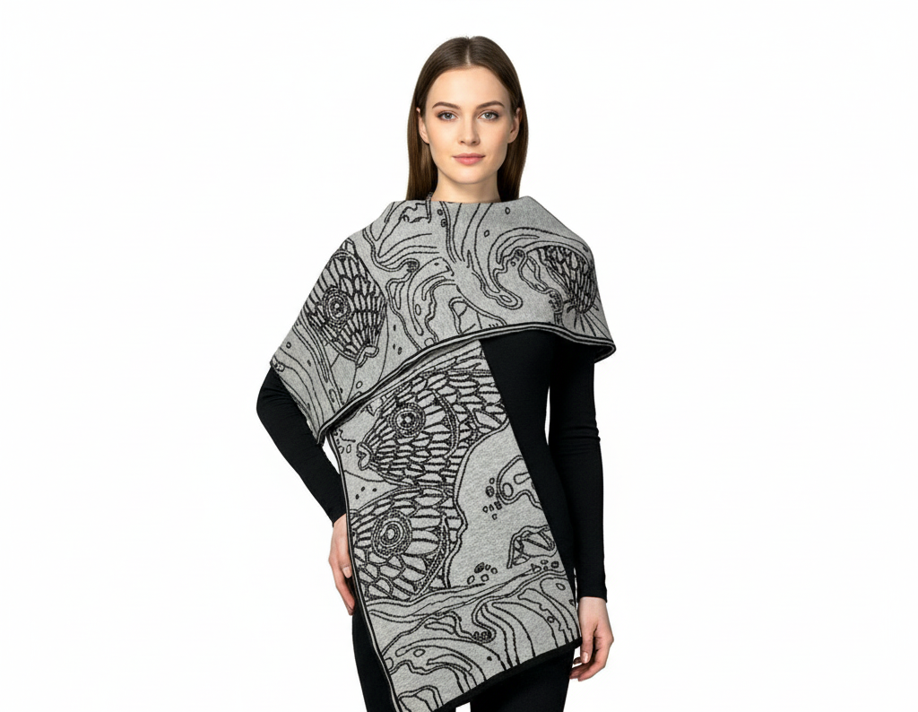 Ocean Shawl Scarf Wrap Black and Light Grey