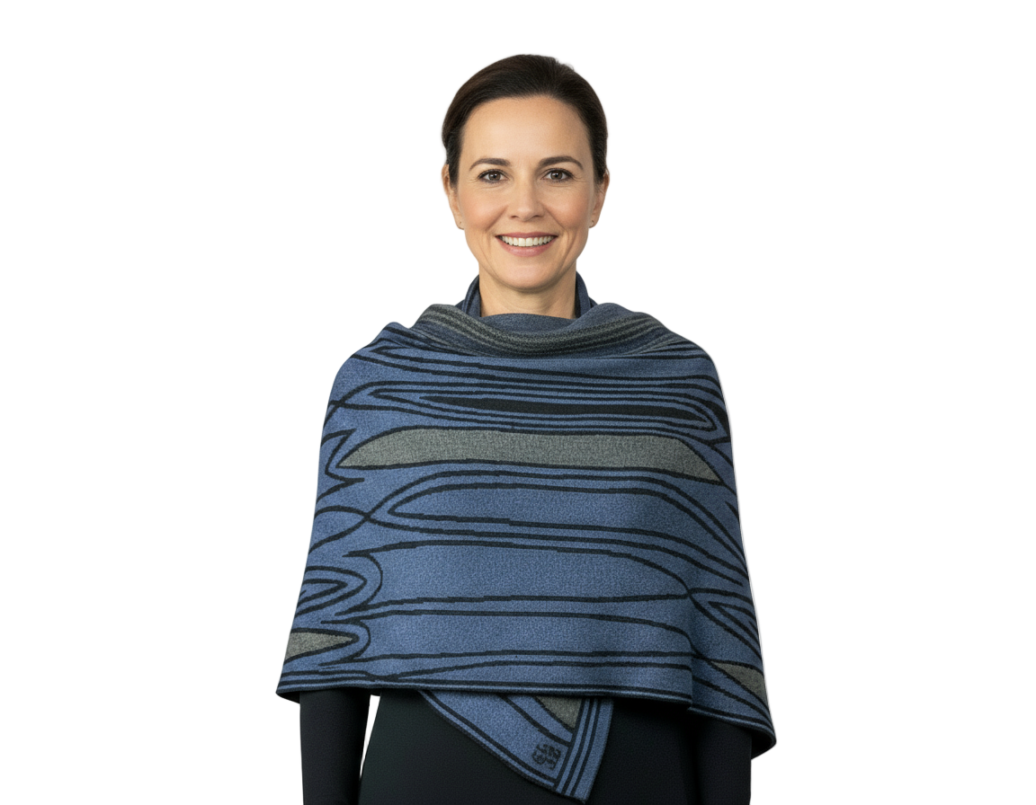 Mid Century Denim Blue Black Charcoal Shawl Scarve Wrap