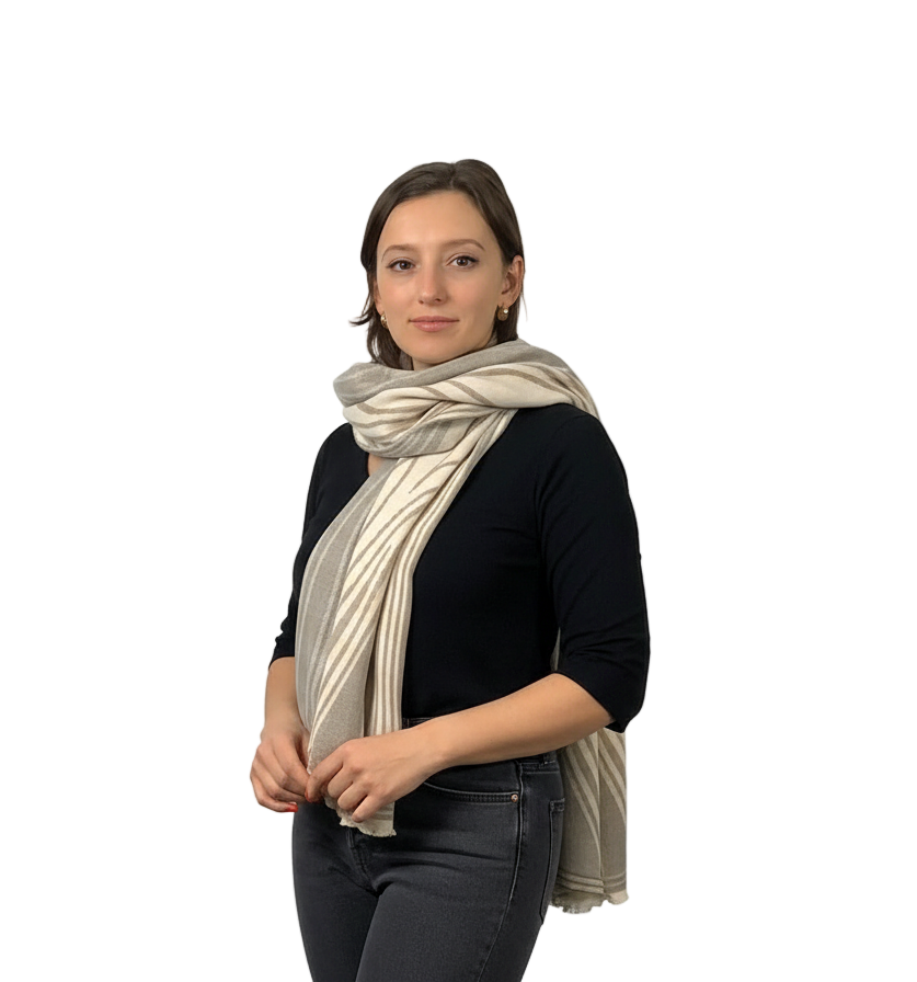 Mid Century Cream Beige Light Grey Shawl Scarf Wrap