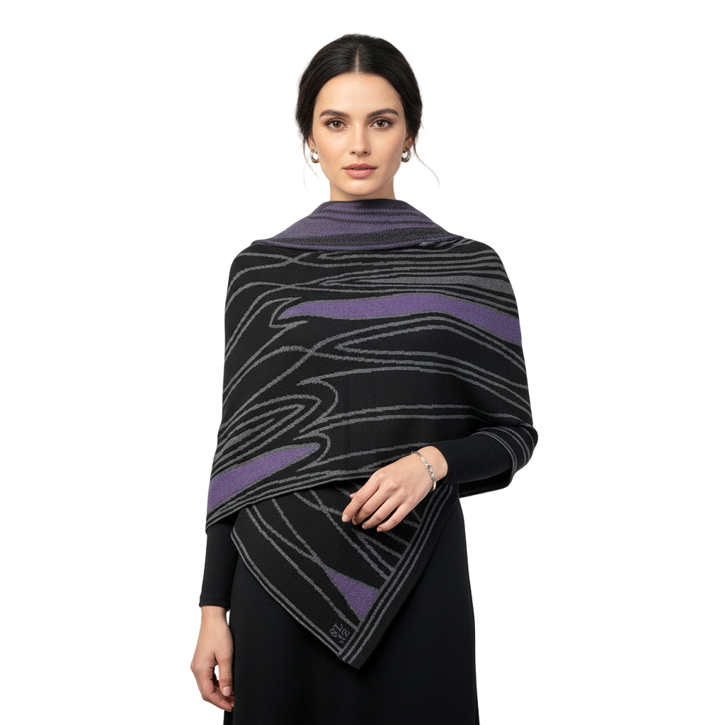 Mid Century Black Charcoal  Purple Shawl Scarf Wrap