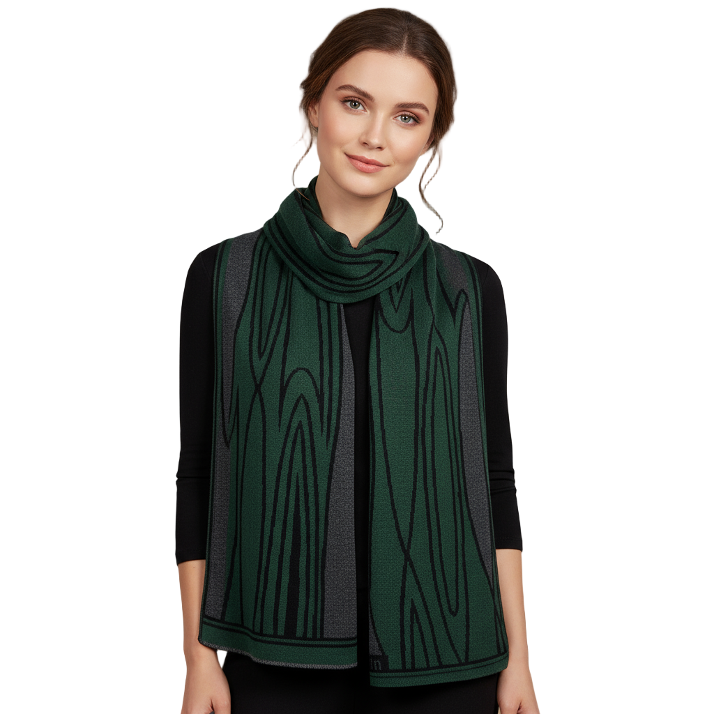 Mid Century Hunter Green Charcoal Black Shawl Scarve Wrap