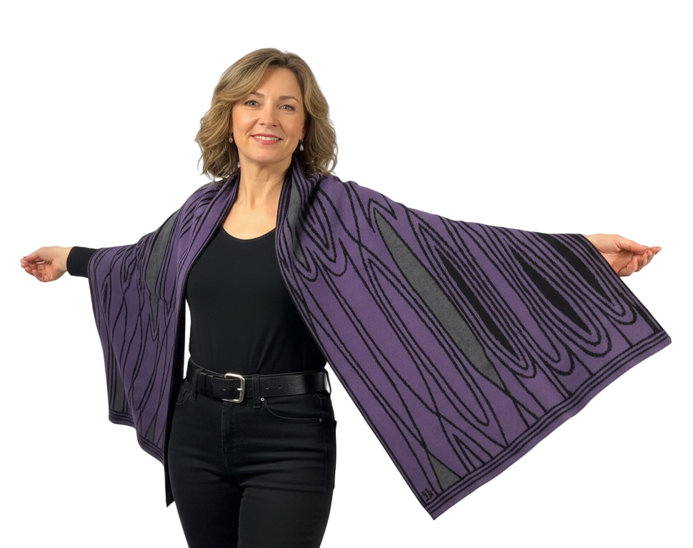 Mid Century Purple Black Charcoal Shawl Scarve Wrap