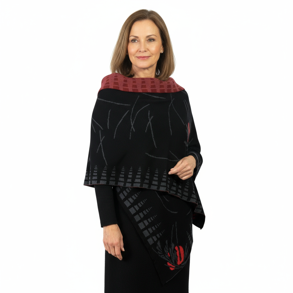 Blossom Black Charcoal Red Shawl Scarf Wrap