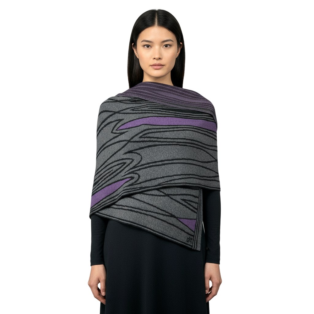 Mid Century Black Charcoal  Purple Shawl Scarf Wrap