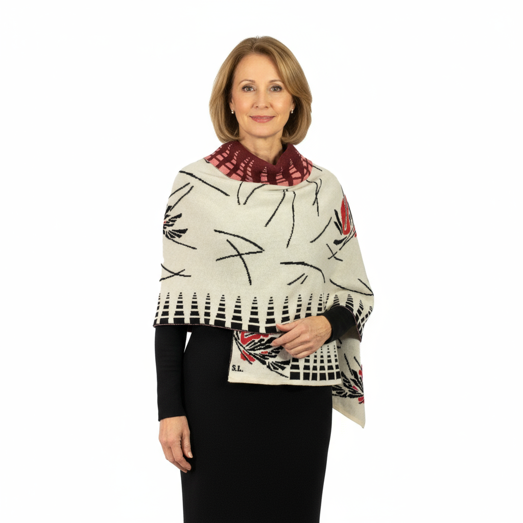 Blossom Cream Black Red Shawl Scarf Wrap