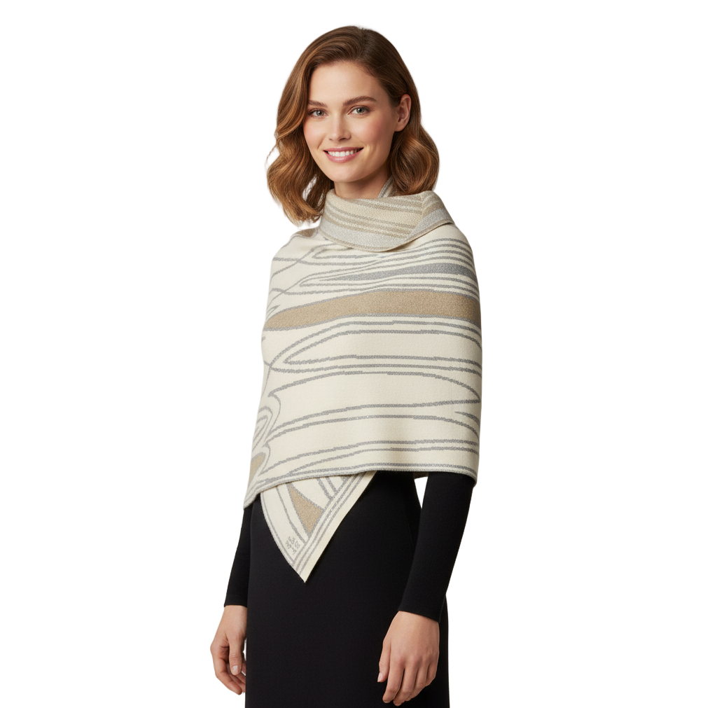 Mid Century Cream Beige Light Grey Shawl Scarf Wrap