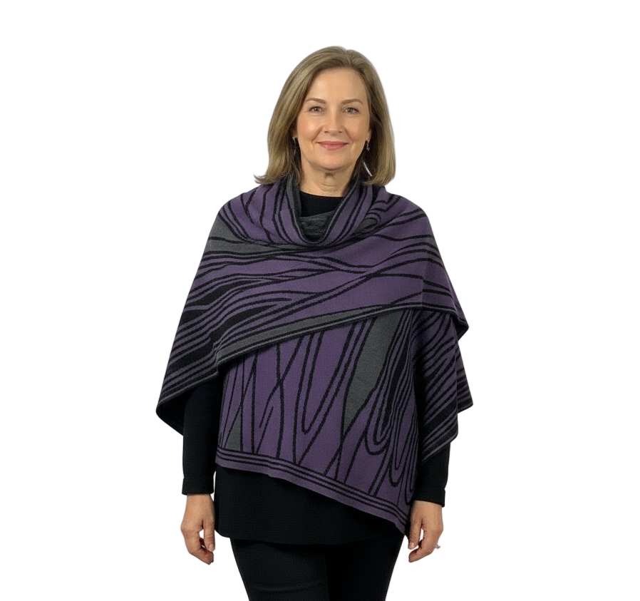 Mid Century Purple Black Charcoal Shawl Scarve Wrap