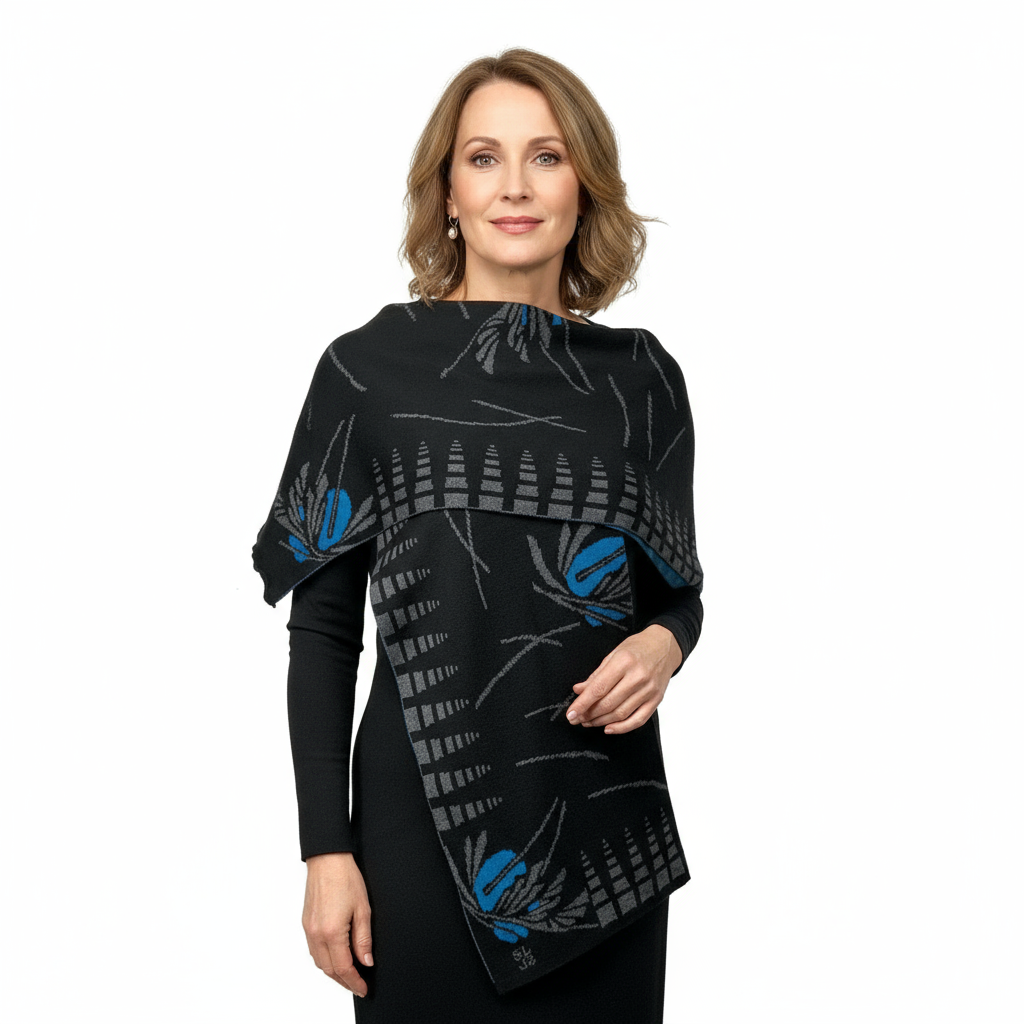 Blossom Black Dark Grey Turquoise Shawl Scarf Wrap