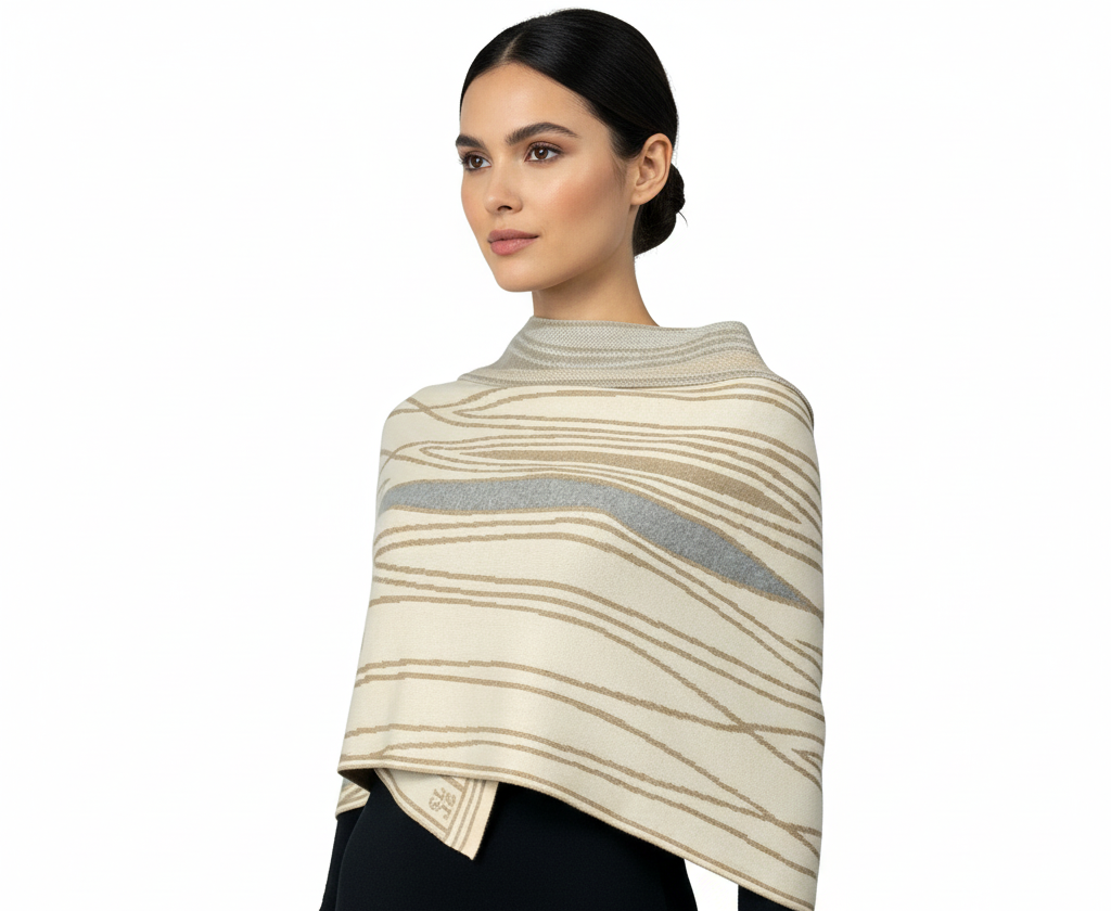 Mid Century Cream Beige Light Grey Shawl Scarf Wrap