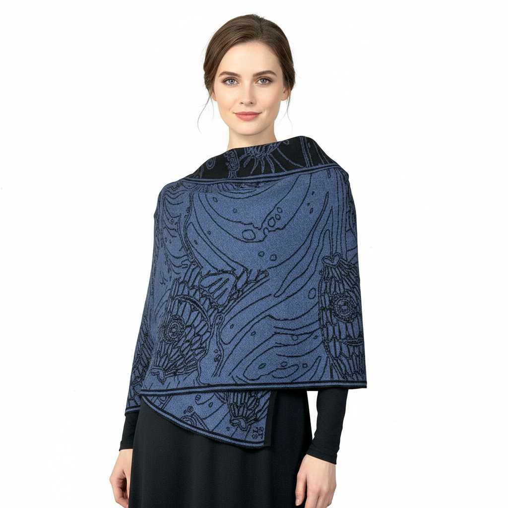 Ocean Shawl Scarf Wrap Denim and Black
