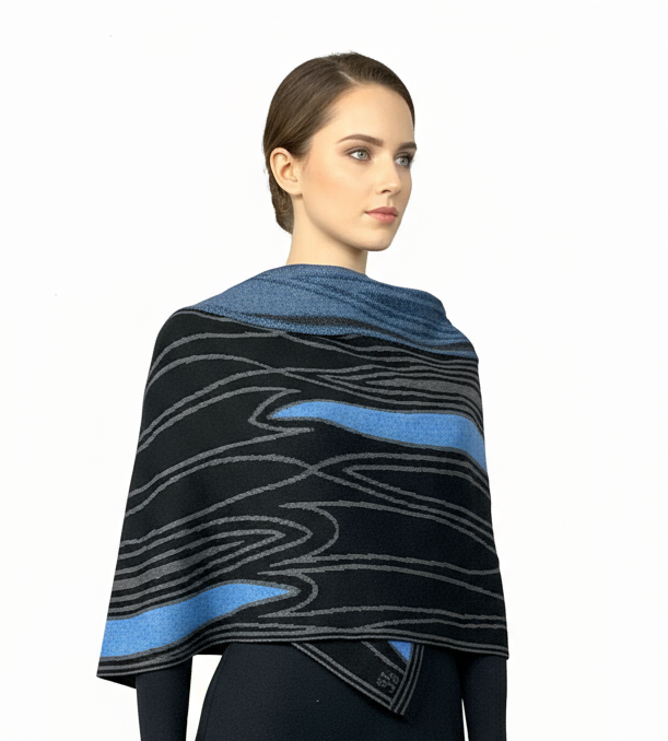 Mid Century Black Charcoal Light Blue Shawl Scarve Wrap