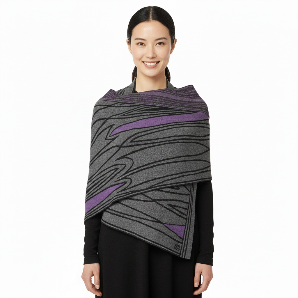 Mid Century Charcoal Purple Black  Shawl Scarf Wrap