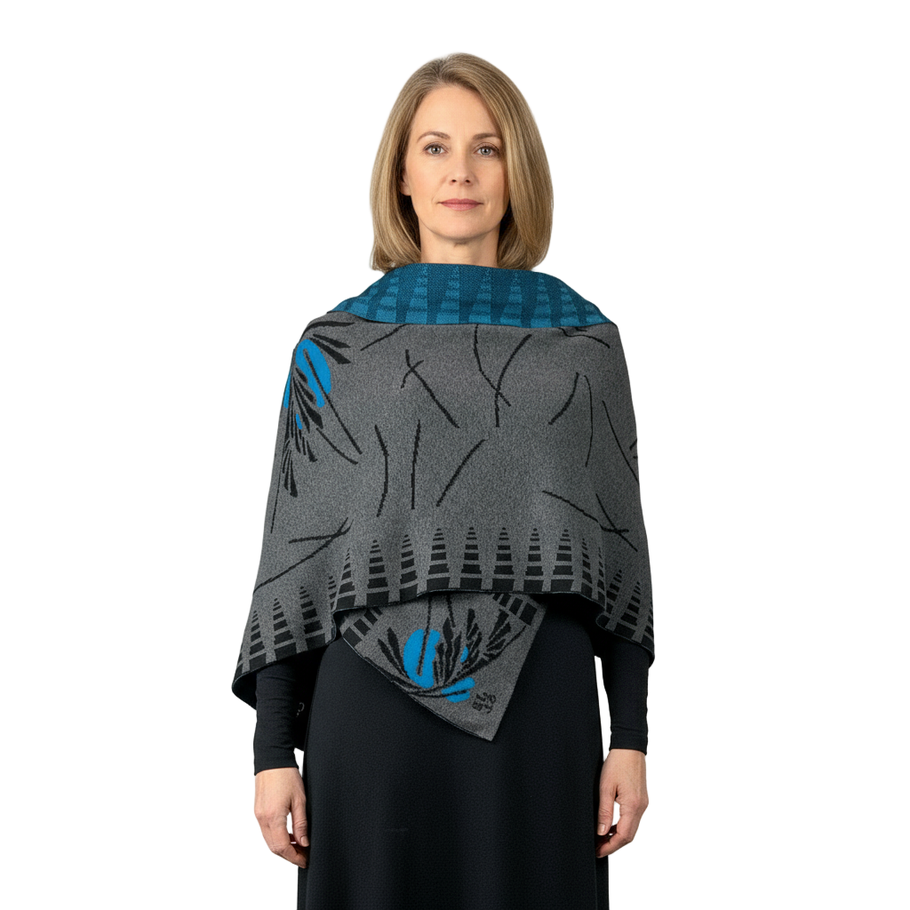Blossom Charcoal Black Turquoise Shawl Scarf Wrap