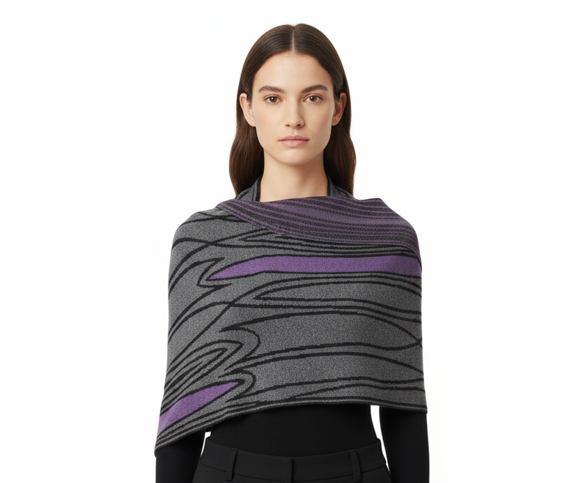 Mid Century Black Charcoal  Purple Shawl Scarf Wrap