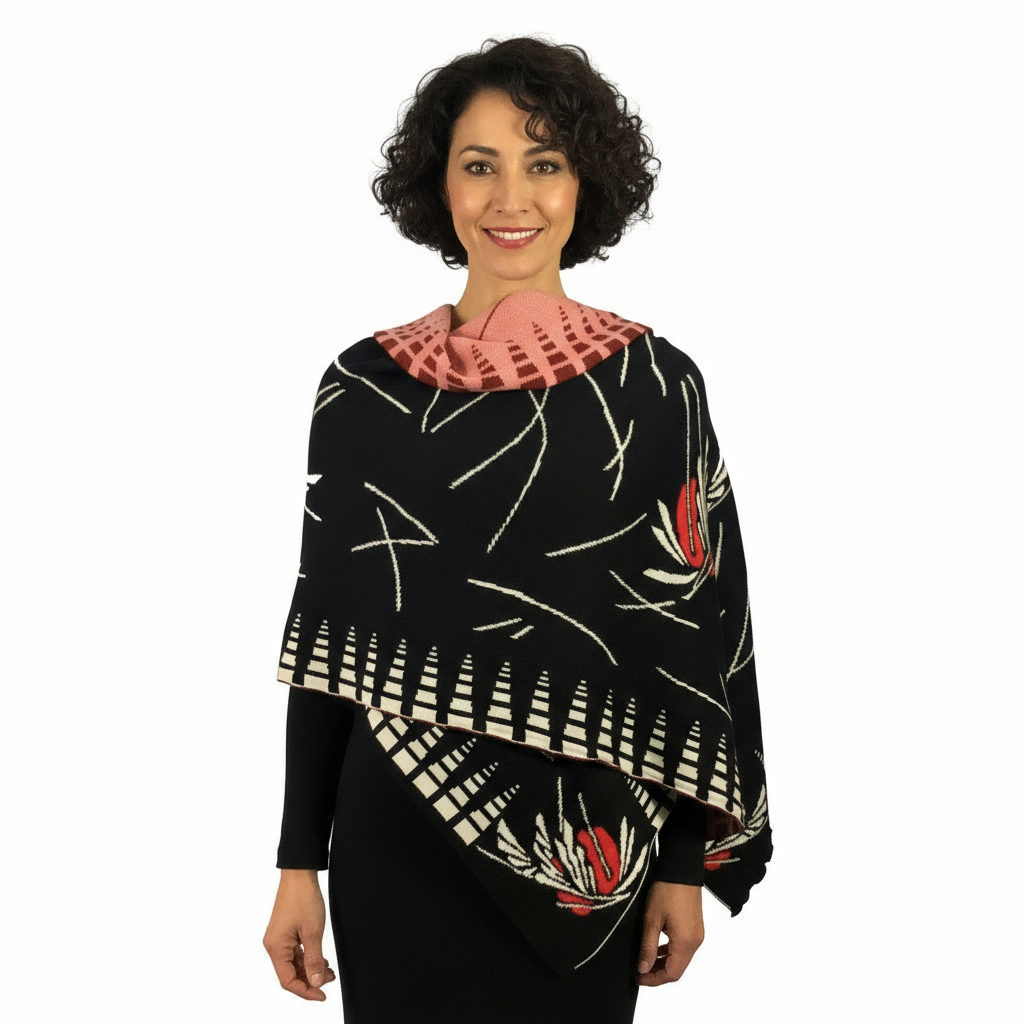 Blossom Black Cream Red Shawl Scarf Wrap