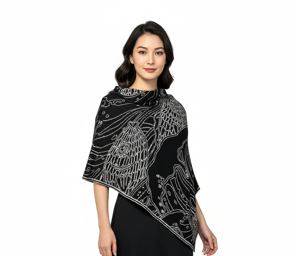 Ocean Shawl Scarf Wrap Black and Light Grey