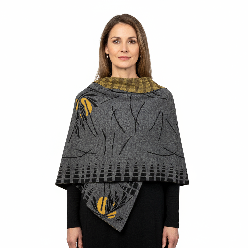Blossom Dark Grey Black Gold Shawl Scarf Wrap