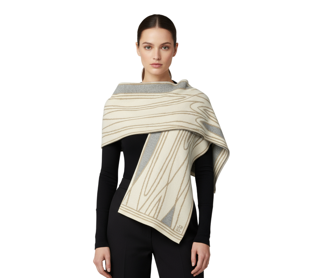 Mid Century Cream Beige Light Grey Shawl Scarf Wrap