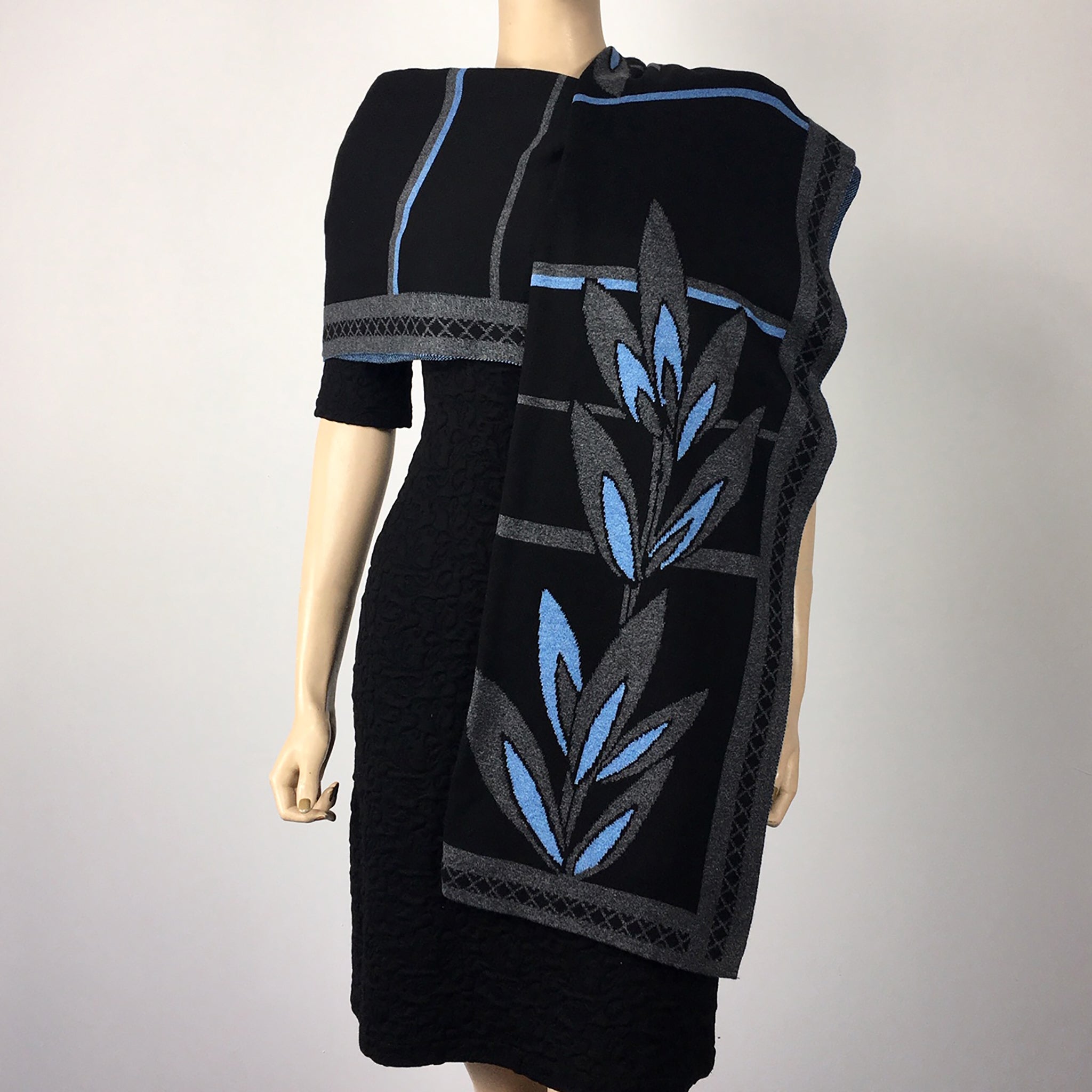 English Flower Shawl, Scarf, Wrap Black, Grey and Blue