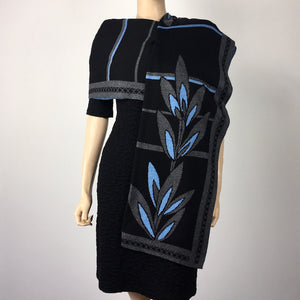 English Flower Shawl, Scarf, Wrap Black, Grey and Blue