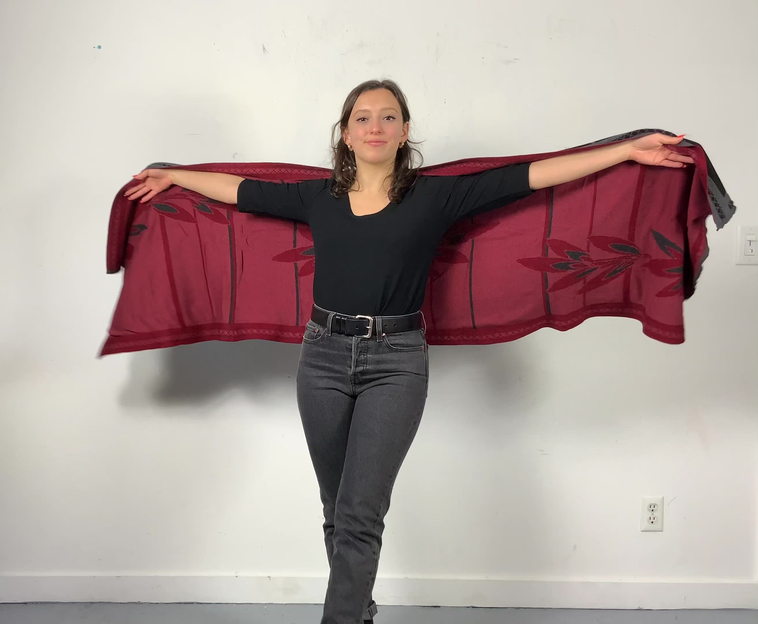 English Flower Shawl, Scarf, Wrap Black, Dark Grey and Red