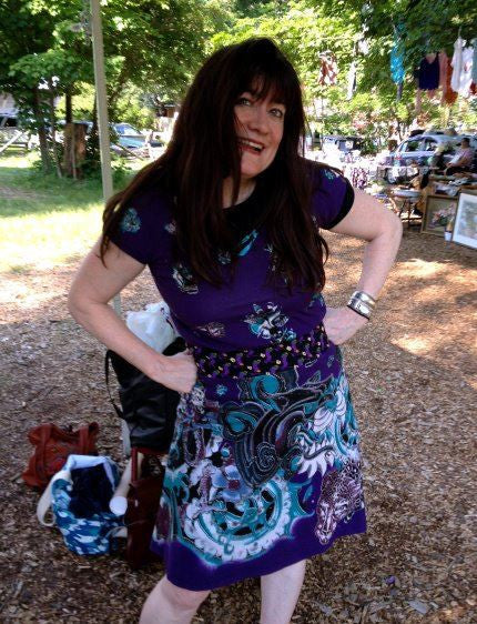 Woodstock Flea Holly George Warren wearing Sharon London Original, Roberto Cavelli fabric