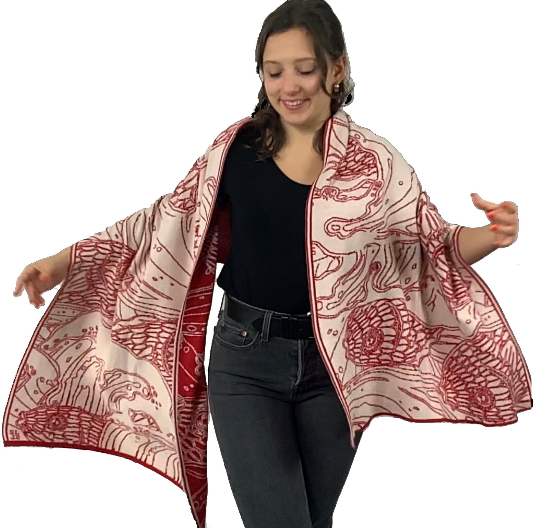 Ocean Reversible Shawl Scarf Wrap Red and Cream