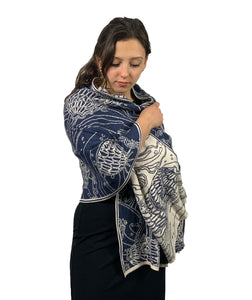Ocean Reversible Shawl Scarf Wrap Denim and Cream