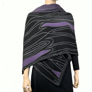 Mid Century Black Charcoal  Purple Shawl Scarf Wrap