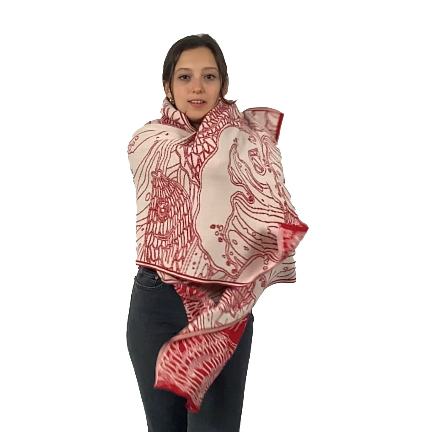 Ocean Reversible Shawl Scarf Wrap Red and Cream