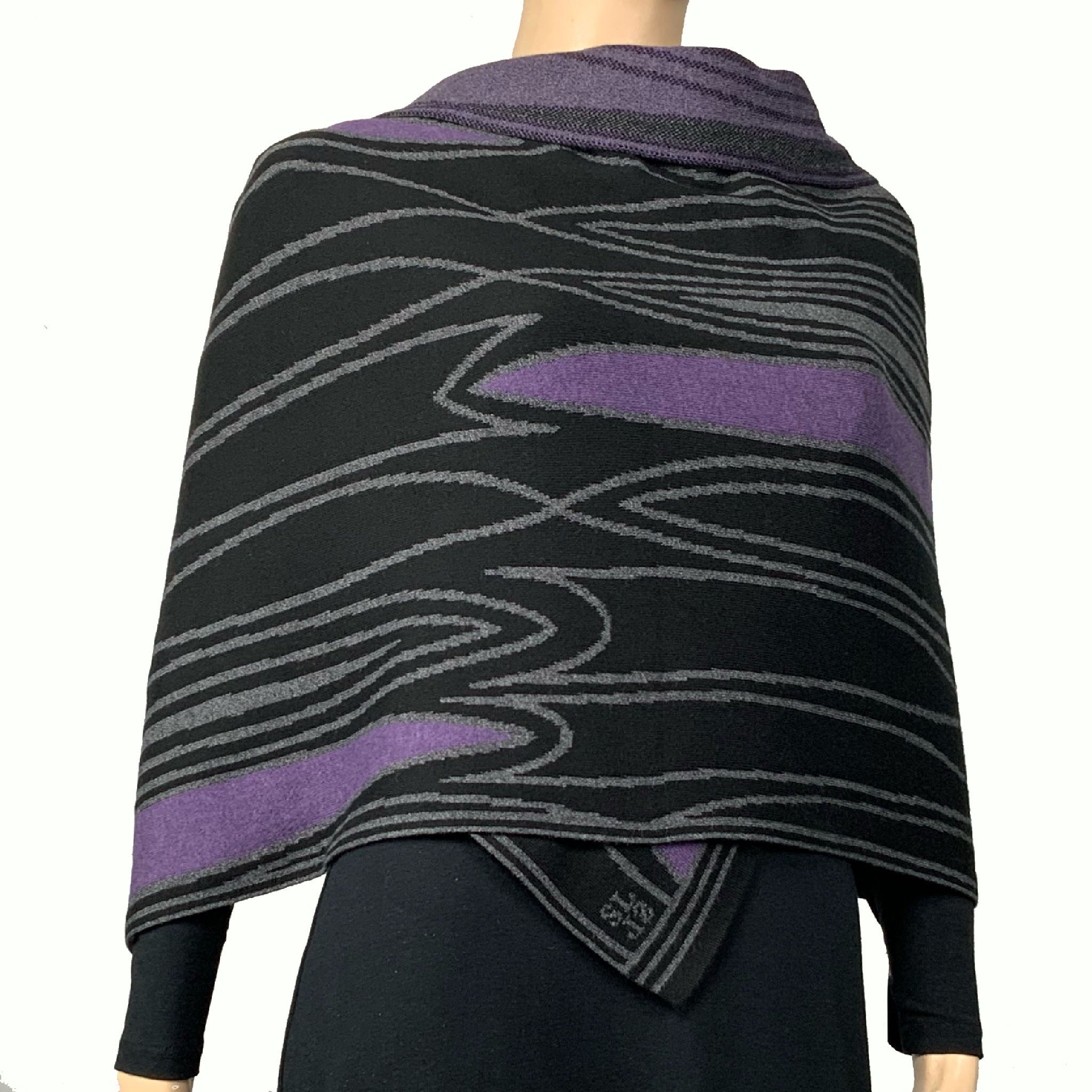 Mid Century Black Charcoal  Purple Shawl Scarf Wrap