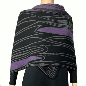 Mid Century Black Charcoal  Purple Shawl Scarf Wrap
