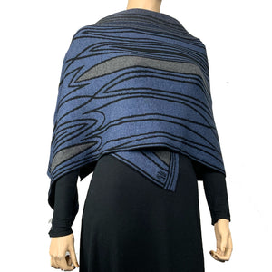 Mid Century Denim Blue Black Charcoal Shawl Scarve Wrap