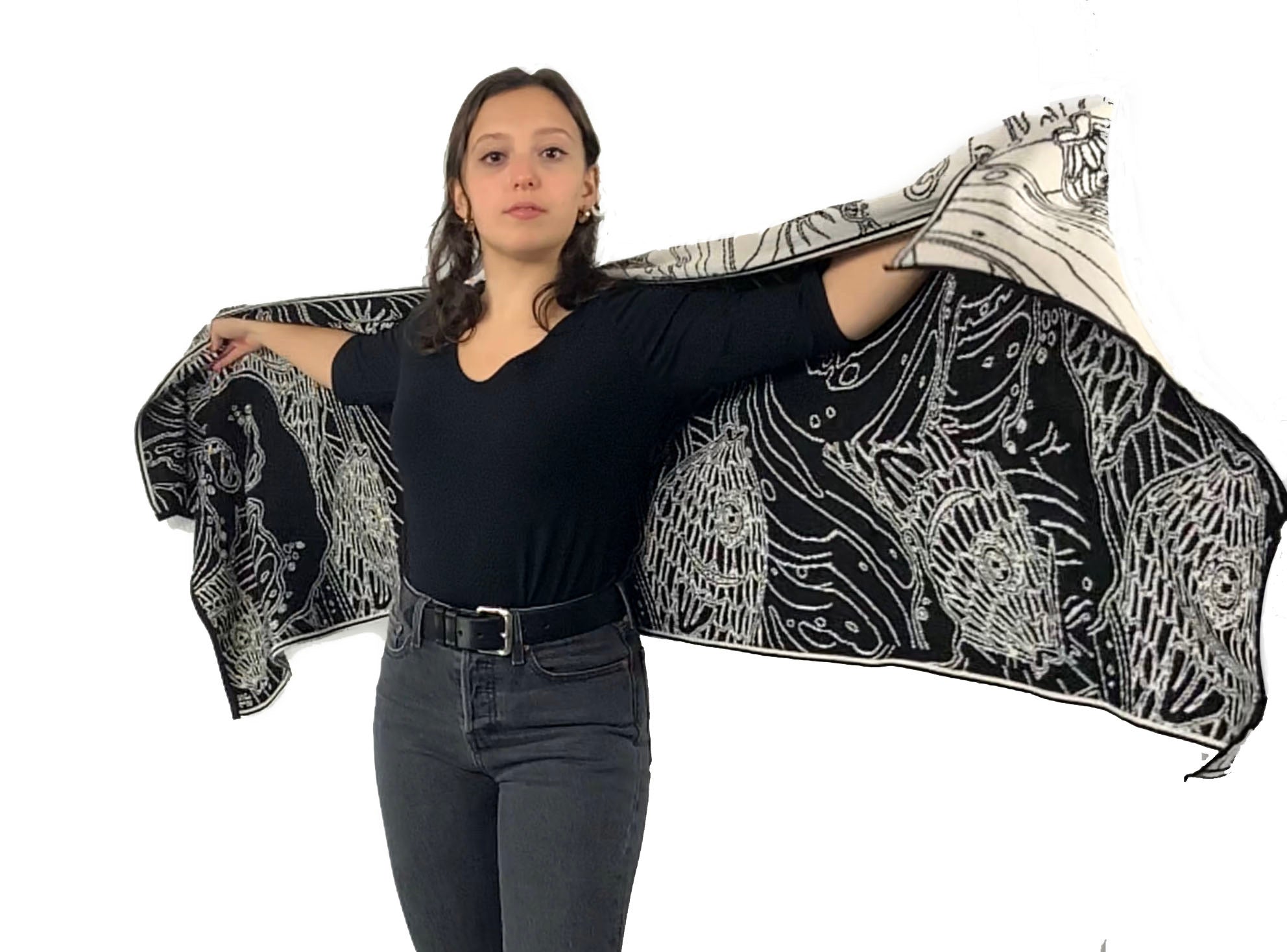 Ocean Reversible Shawl Scarf Wrap Black and Cream