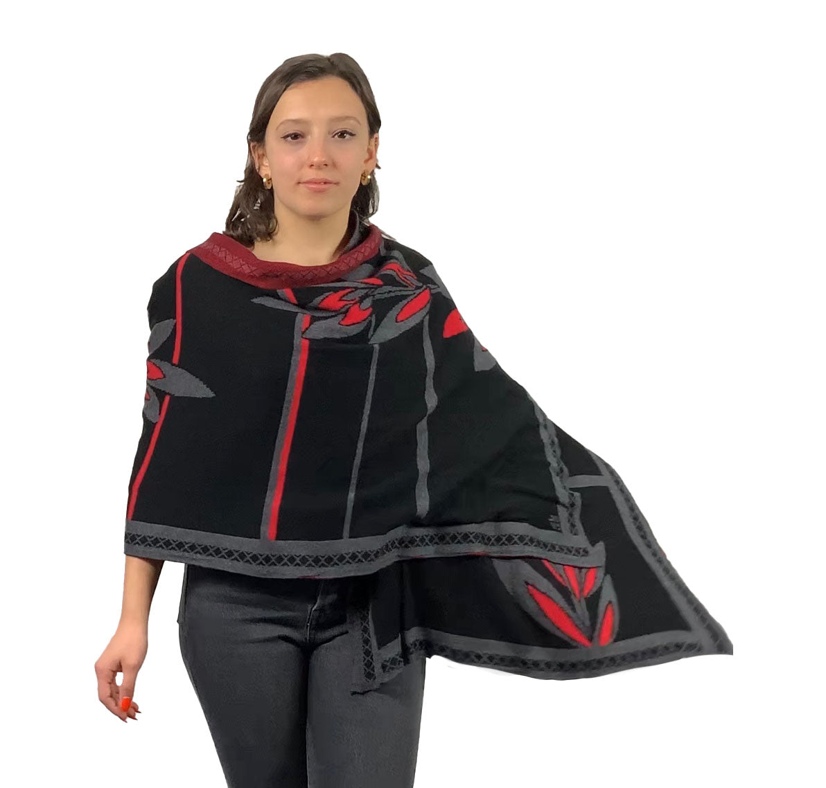 English Flower Shawl, Scarf, Wrap Black, Dark Grey and Red