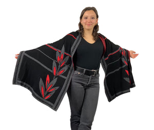 English Flower Shawl, Scarf, Wrap Black, Dark Grey and Red