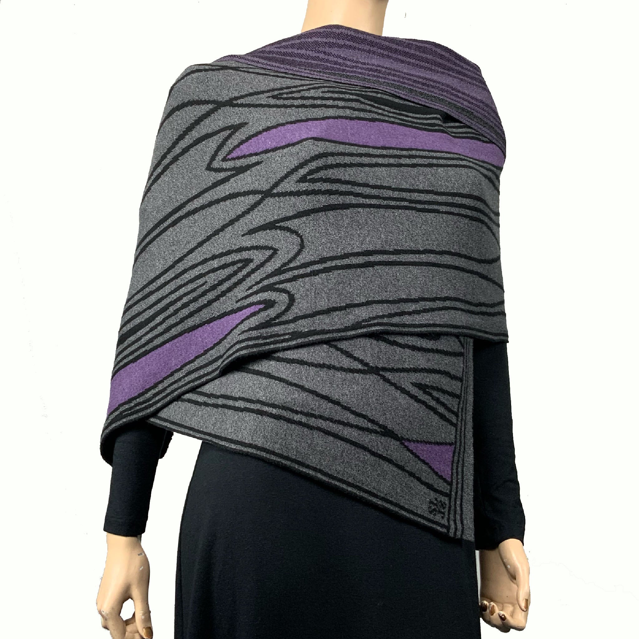 Mid Century Black Charcoal  Purple Shawl Scarf Wrap