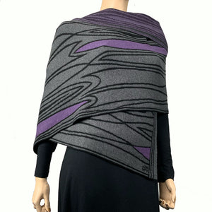 Mid Century Black Charcoal  Purple Shawl Scarf Wrap