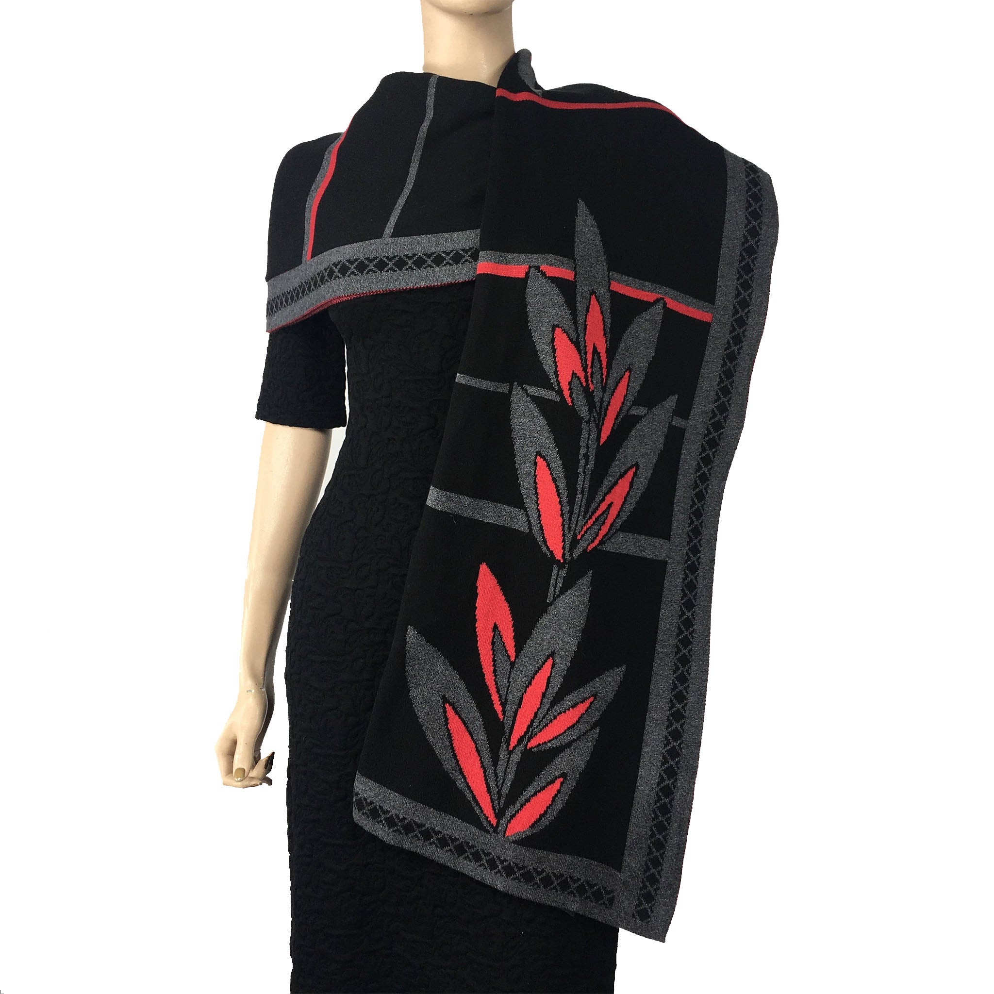 English Flower Shawl, Scarf, Wrap Black, Dark Grey and Red