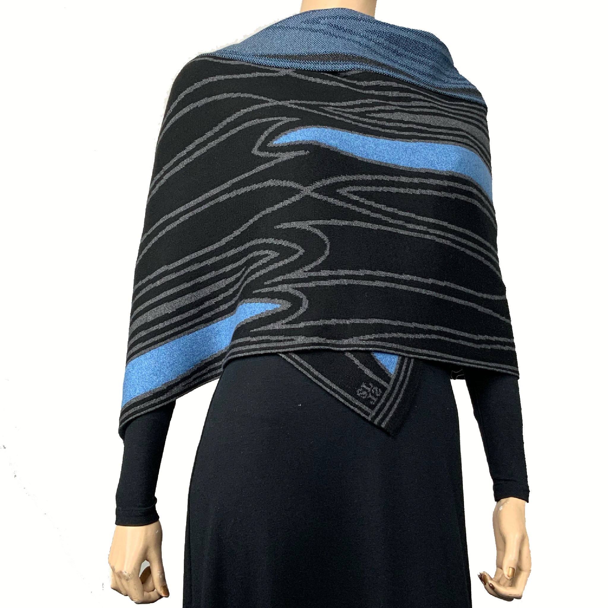 Mid Century Black Charcoal Light Blue Shawl Scarve Wrap