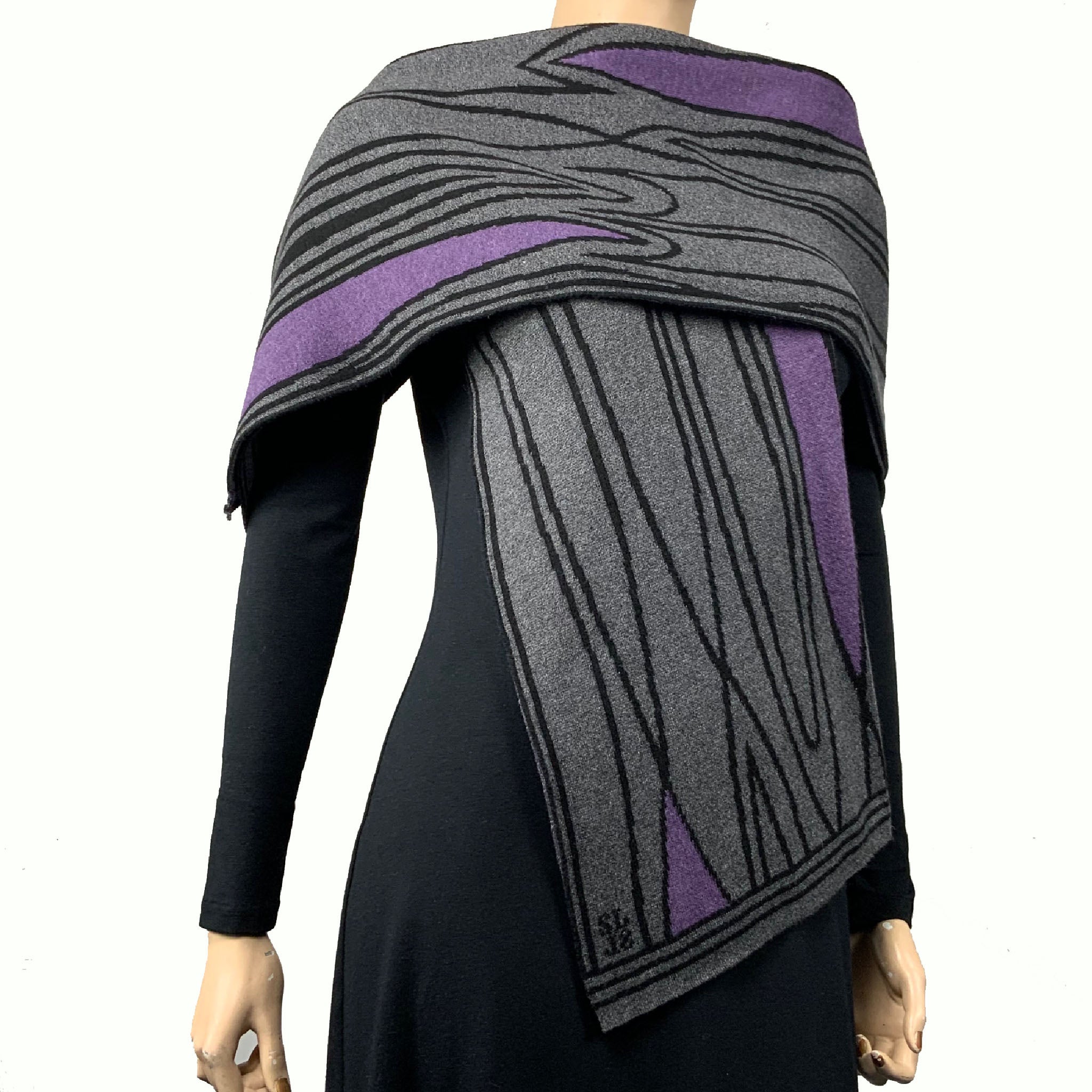 Mid Century Black Charcoal  Purple Shawl Scarf Wrap