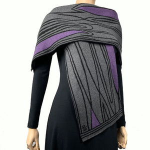 Mid Century Black Charcoal  Purple Shawl Scarf Wrap